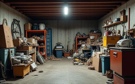Cluttered messy garage before cleaning