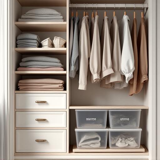 Perfectly organized closet with labeled bins and neat clothes