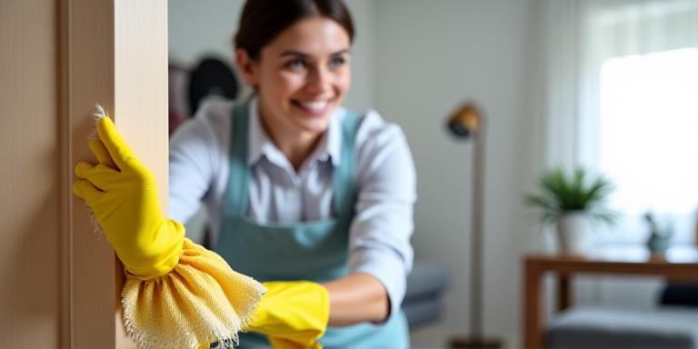 Professional cleaner dusting a residential living room